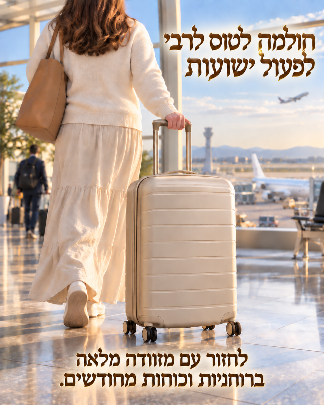 חולמת לטוס לרבי עם מזוודה סגורה בשדה התעופה — הדמיית מוצר בסביבת חיים באמצעות AI