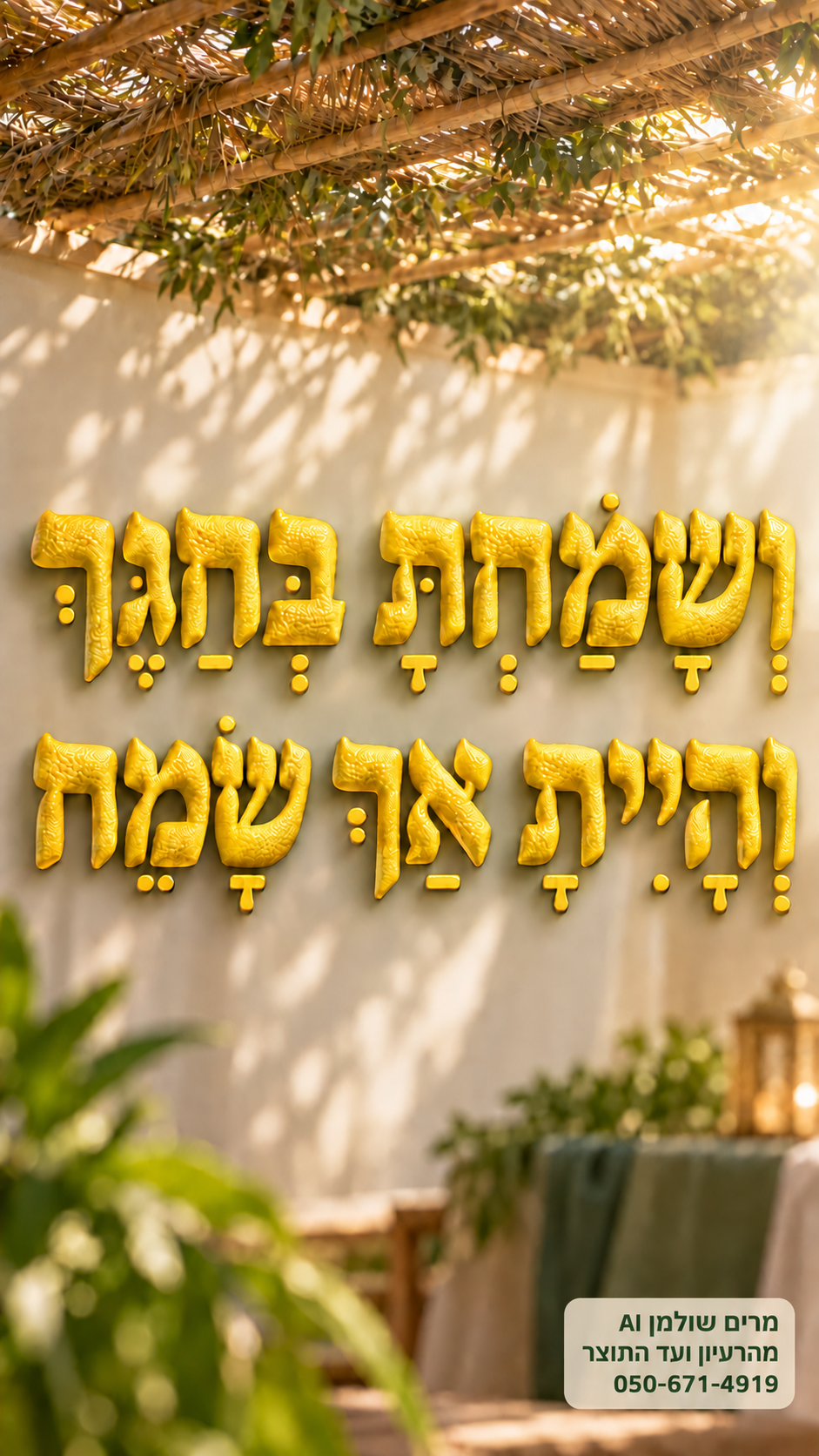 ושמחת בחגך והיית אך שמח — אותיות תלת ממד במרקם אתרוג בתוך סוכה